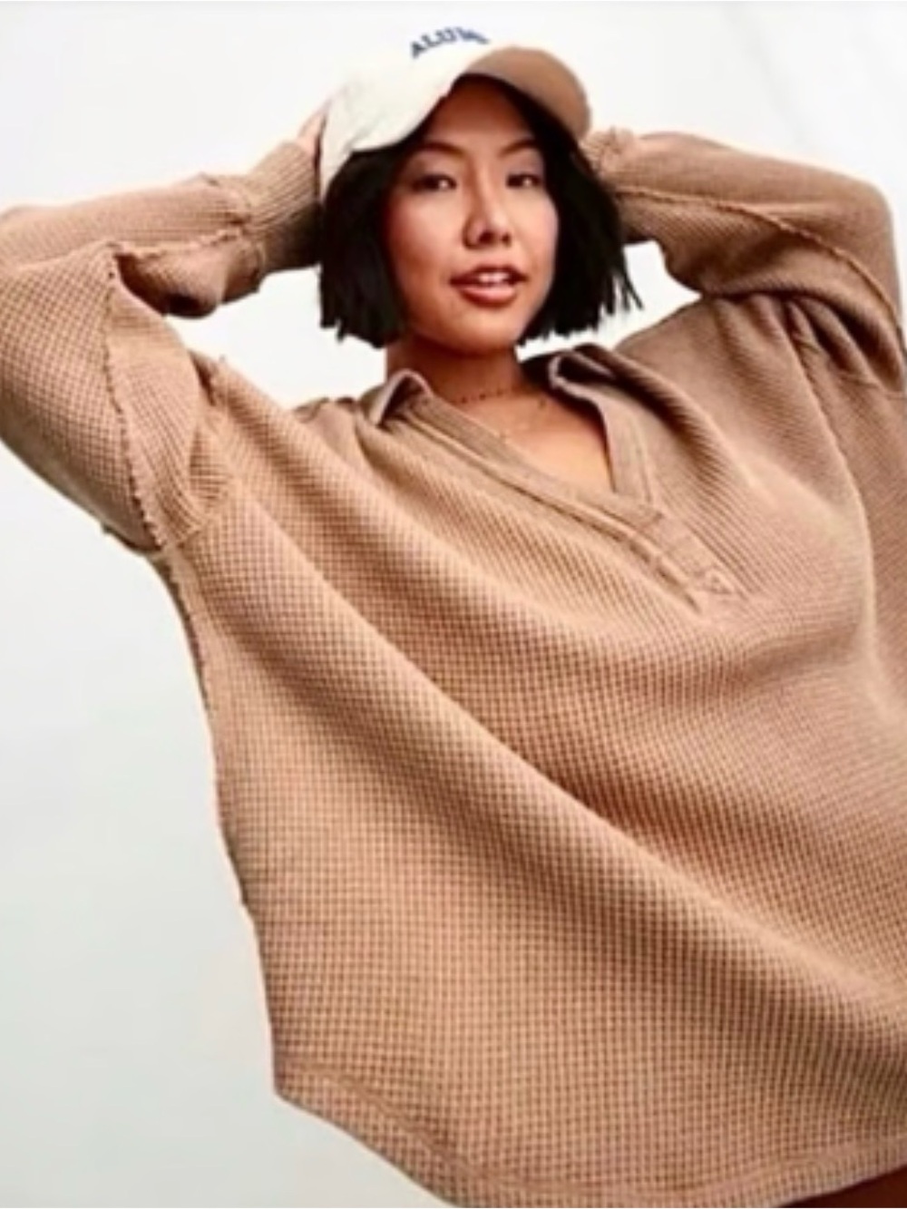 Aerie LumberJane Waffle Knit Oversized Henley Pullover XL Beige Collared Top